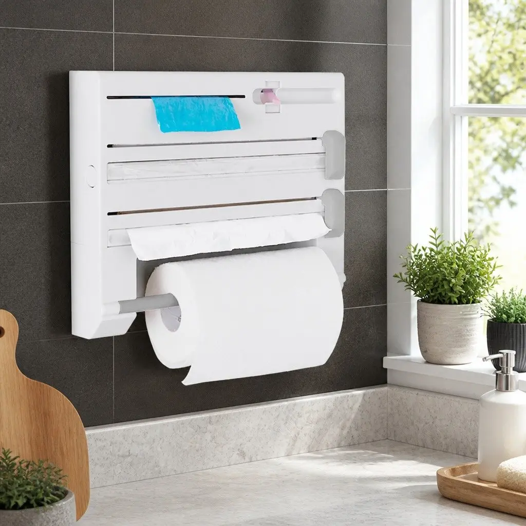 Wall Mounted Kitchen Rack Paper Towel Holder Foil Plastic Wrap Dispenser White