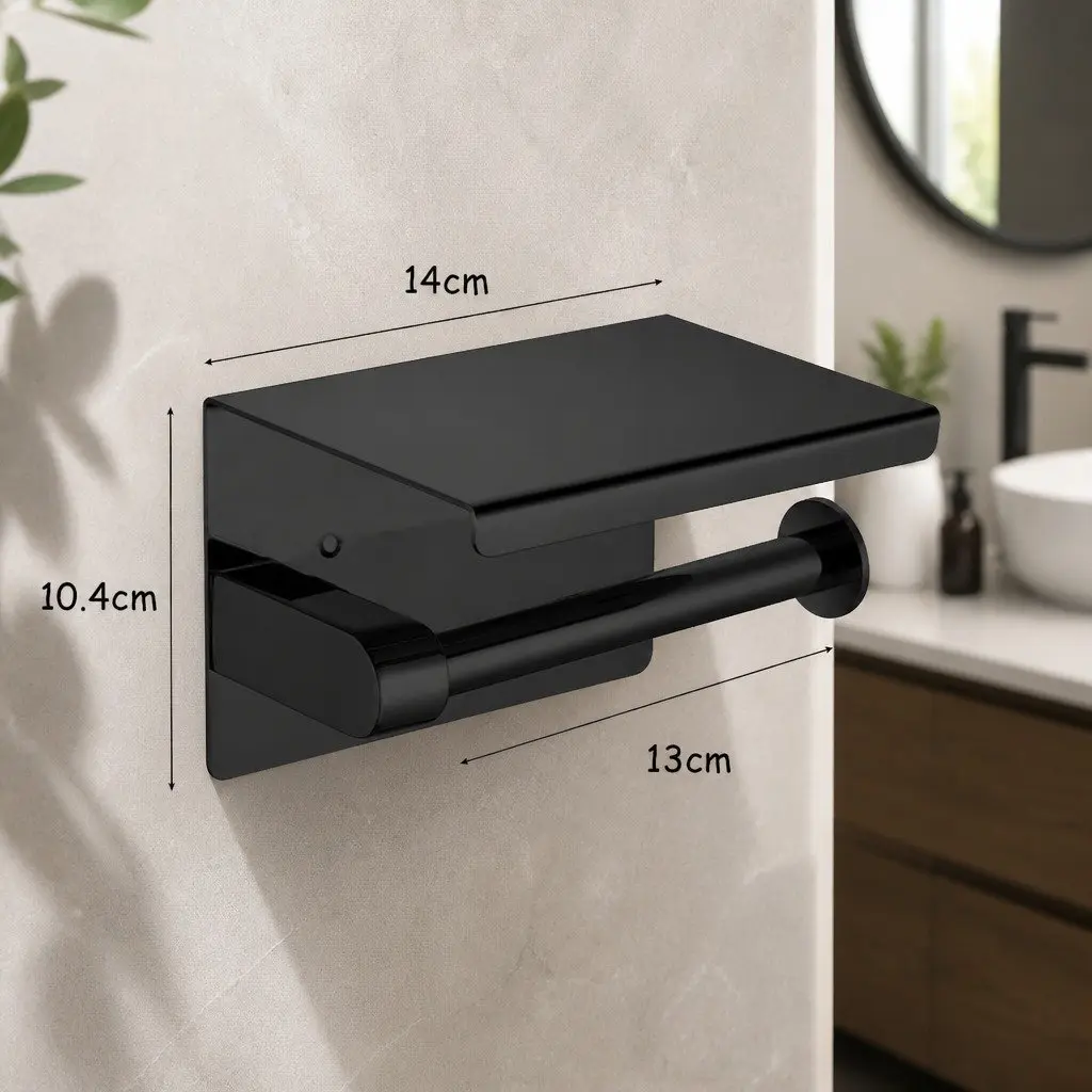 Toilet Paper Holder Wall Mount Bathroom Storage 14cm x 10cm x 10cm Black