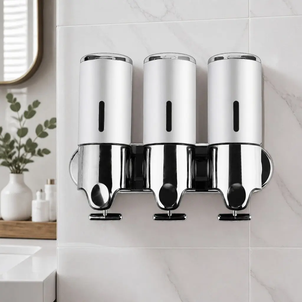 Wall Mounted Soap Dispenser 3 Bottles Bathroom Kitchen Shower Dispenser Silver