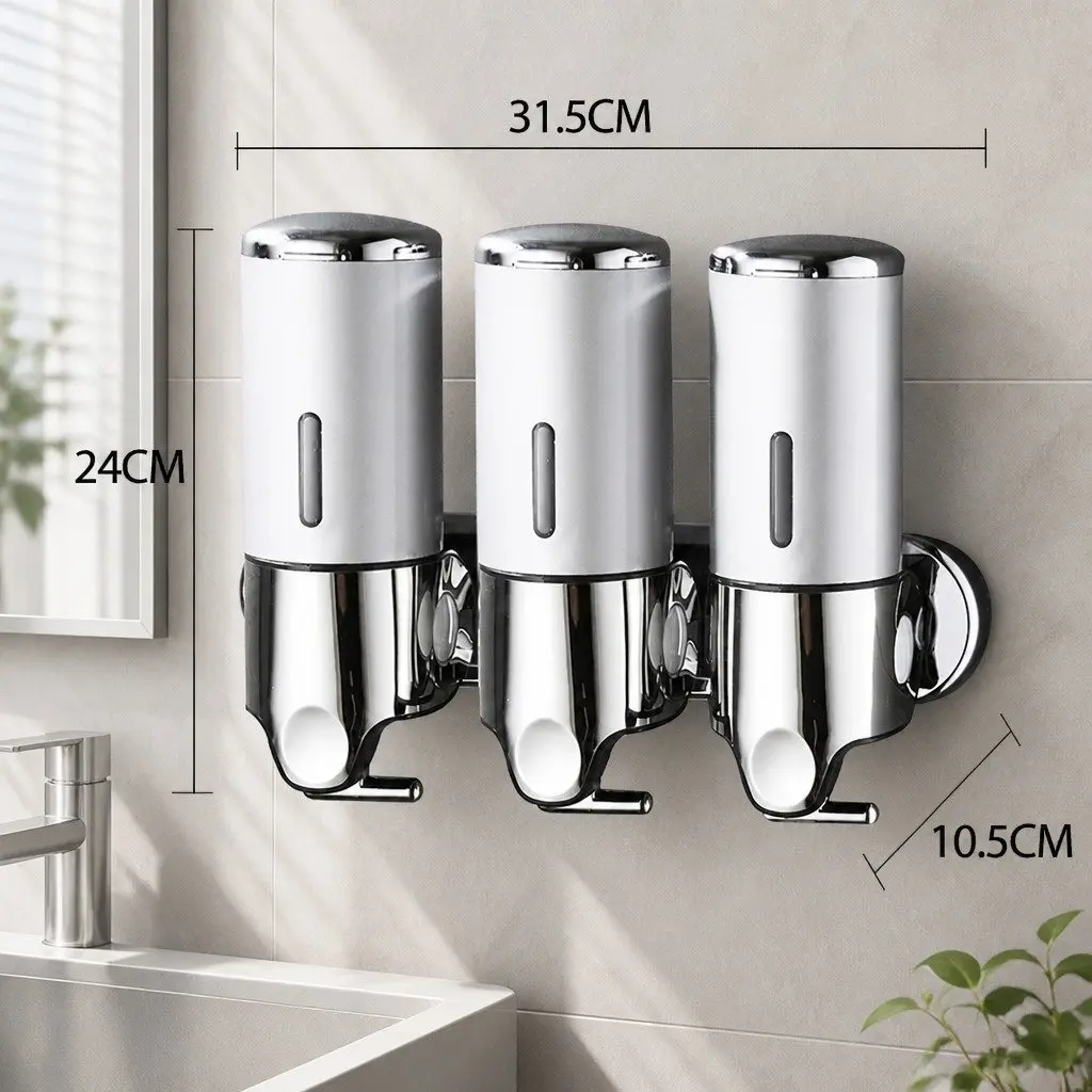 Wall Mounted Soap Dispenser 3 Bottles Bathroom Kitchen Shower Dispenser Silver