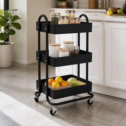 3-Tier Kitchen Trolley Cart Mobile Storage Organiser Wheels Black Steel Frame
