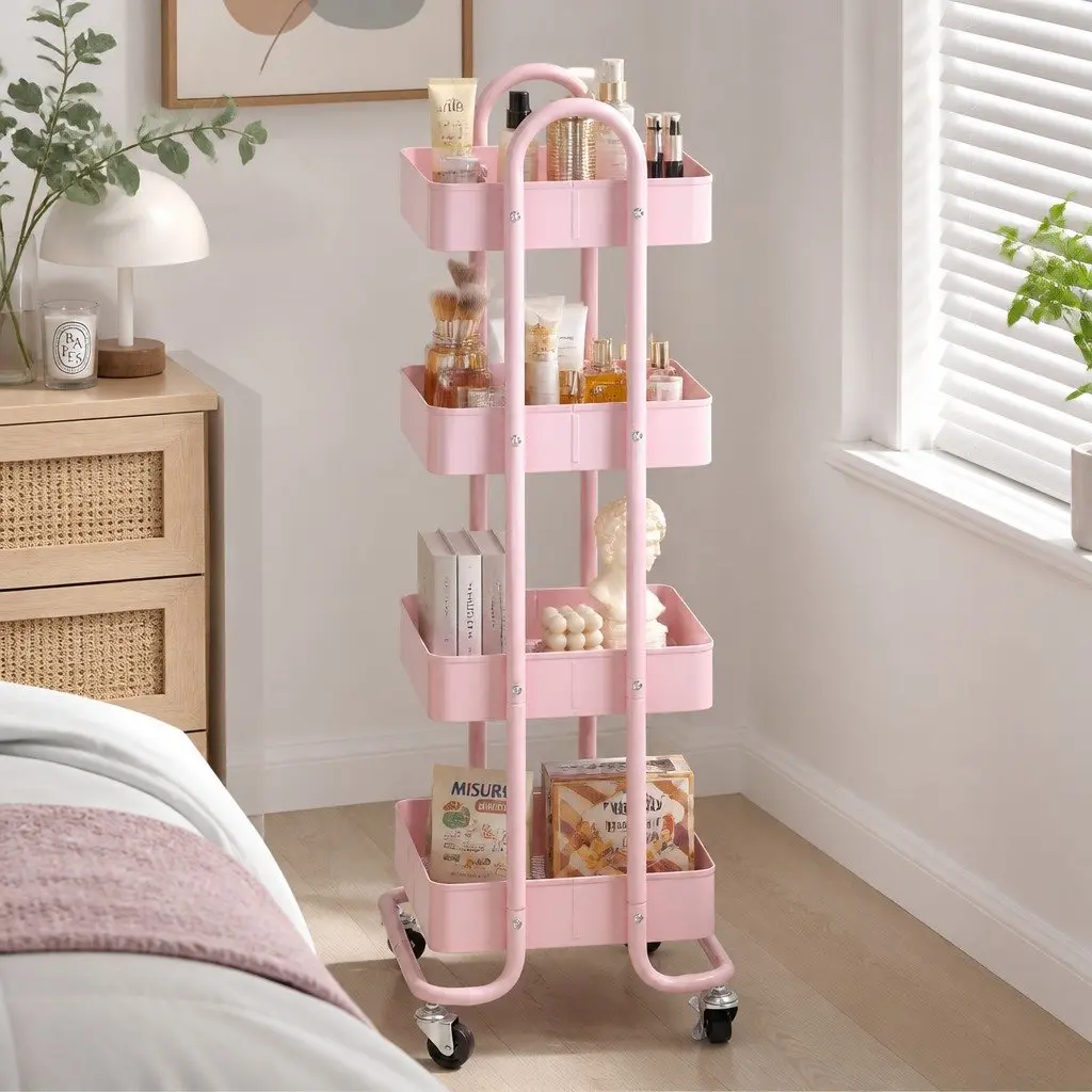 Pink 4-Tier Storage Cart with Mobility