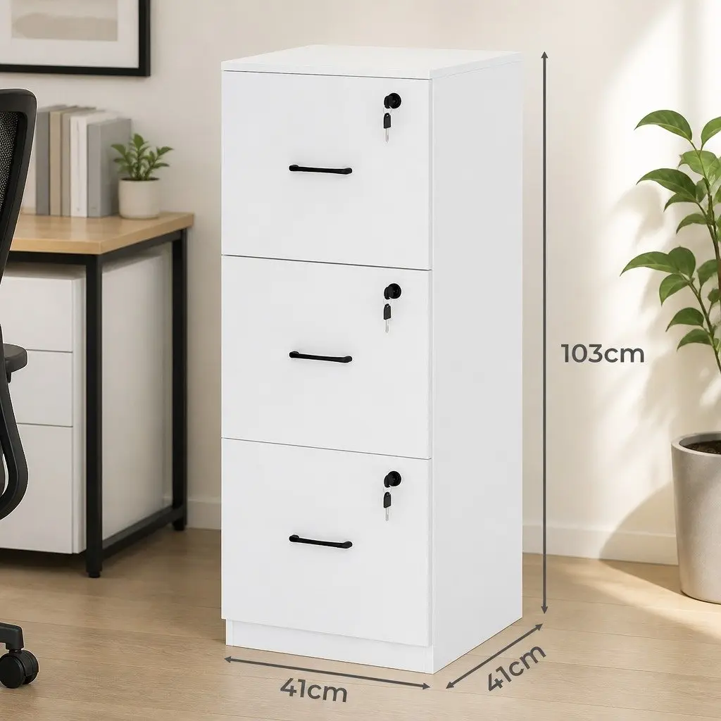 File Cabinet Lockable 3 Drawer Storage Organizer White Modern 41cm W x 41cm D x 103cm H