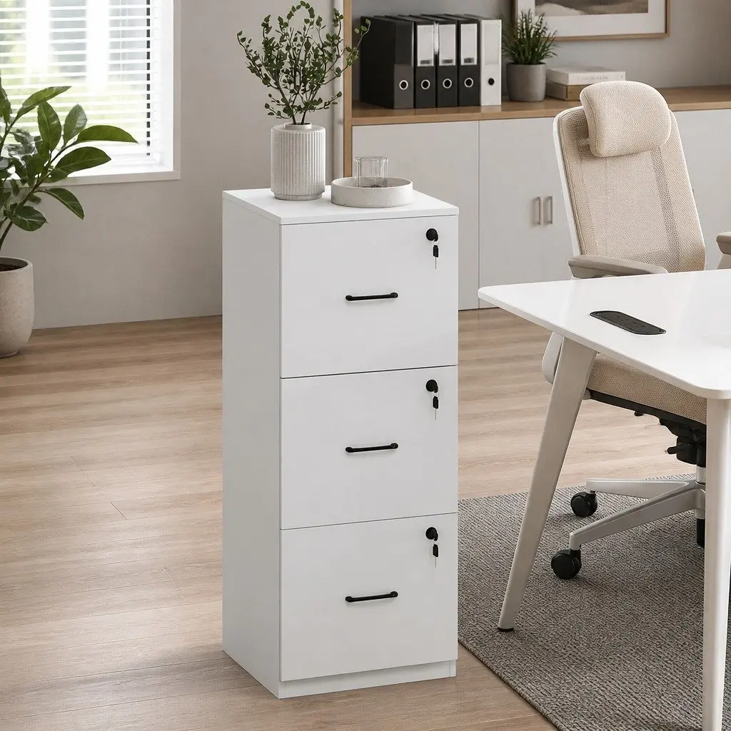 File Cabinet Lockable 3 Drawer Storage Organizer White Modern 41cm W x 41cm D x 103cm H