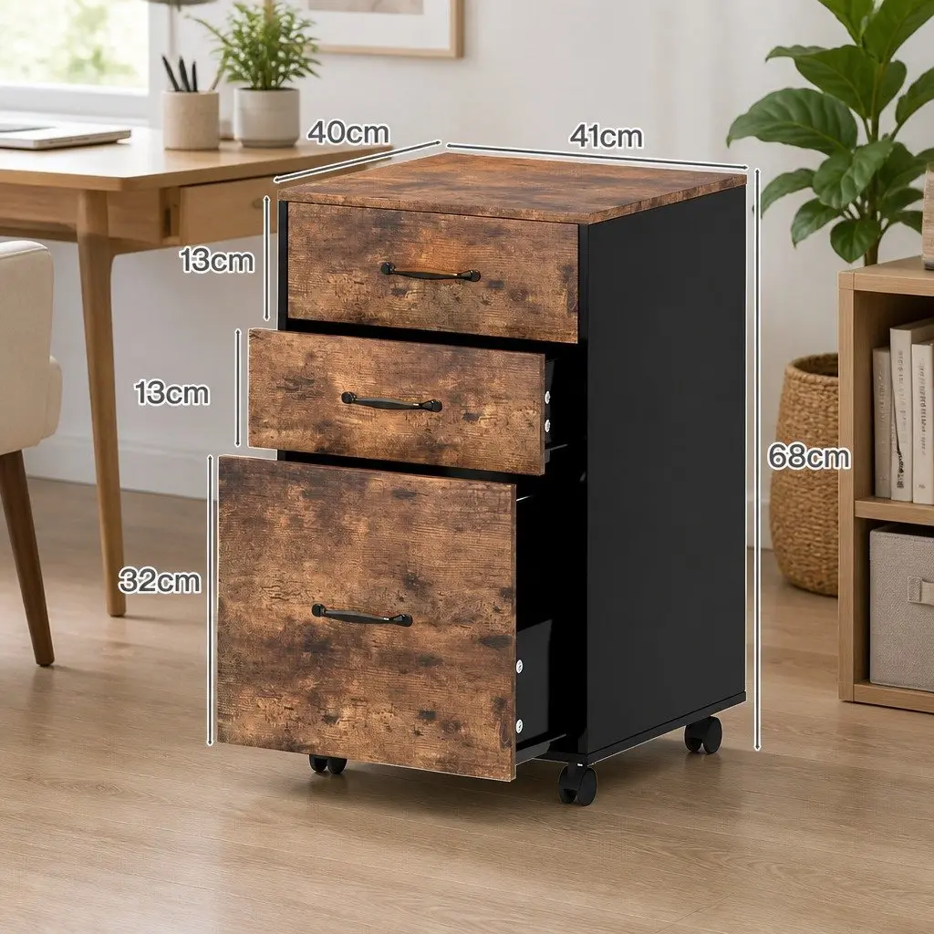 Mobile Filing Cabinet Office Storage Organiser 3-Drawer Walnut