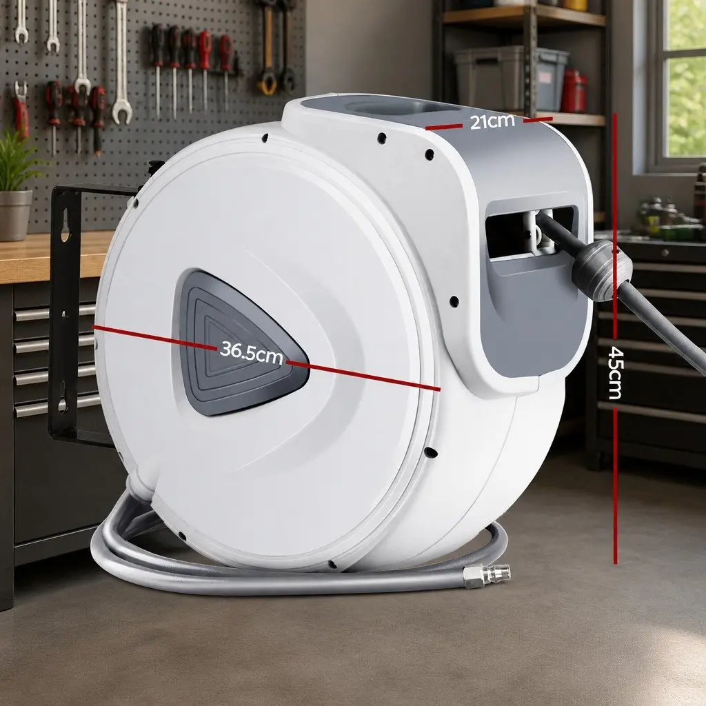 Air Hose Reel 20m Retractable Auto Rewind Wall Mount Grey White
