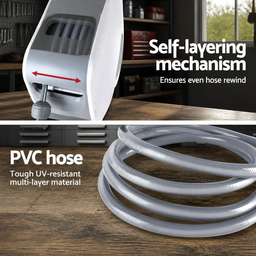 Air Hose Reel 20m Retractable Auto Rewind Wall Mount Grey White