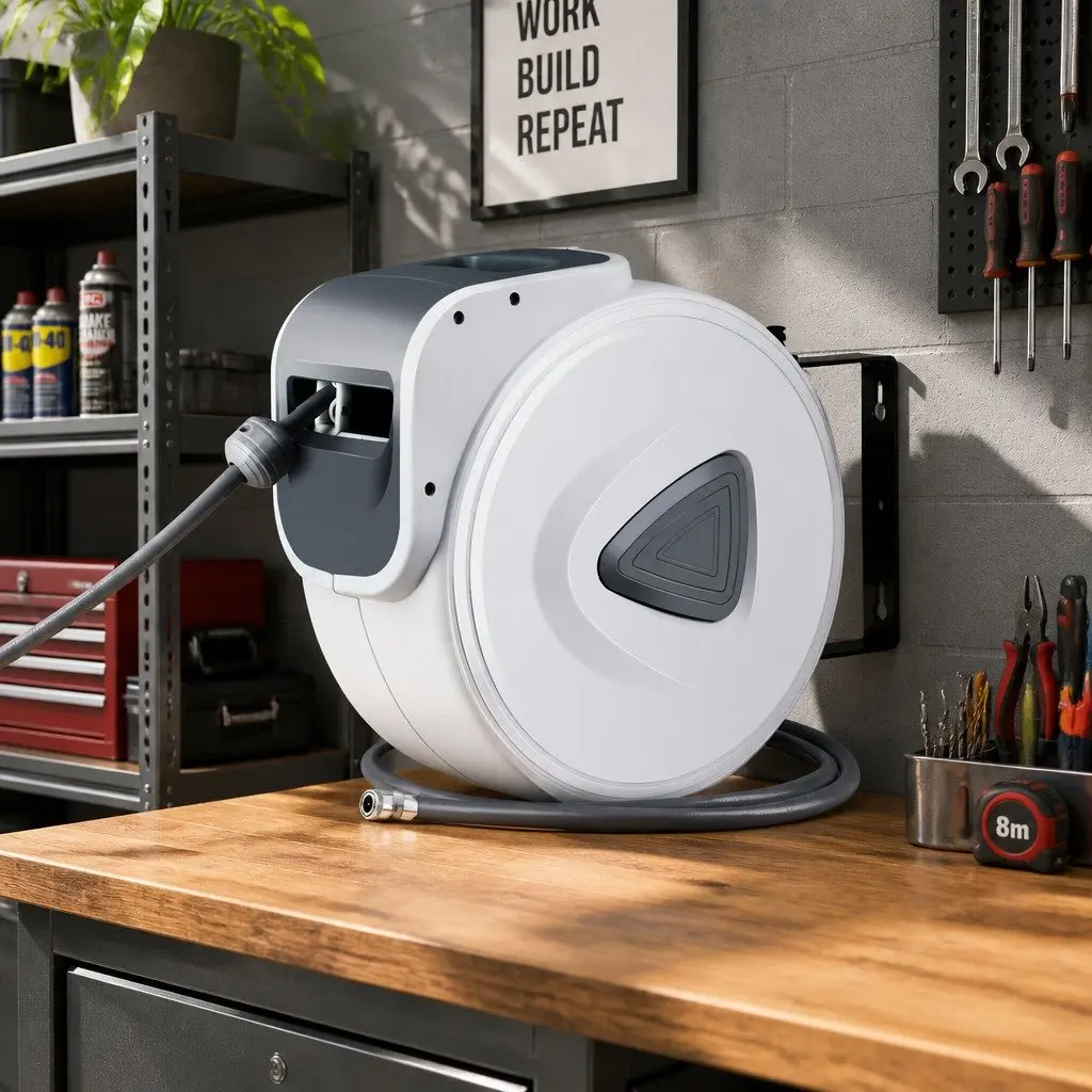 Air Hose Reel 20m Retractable Auto Rewind Wall Mount Grey White