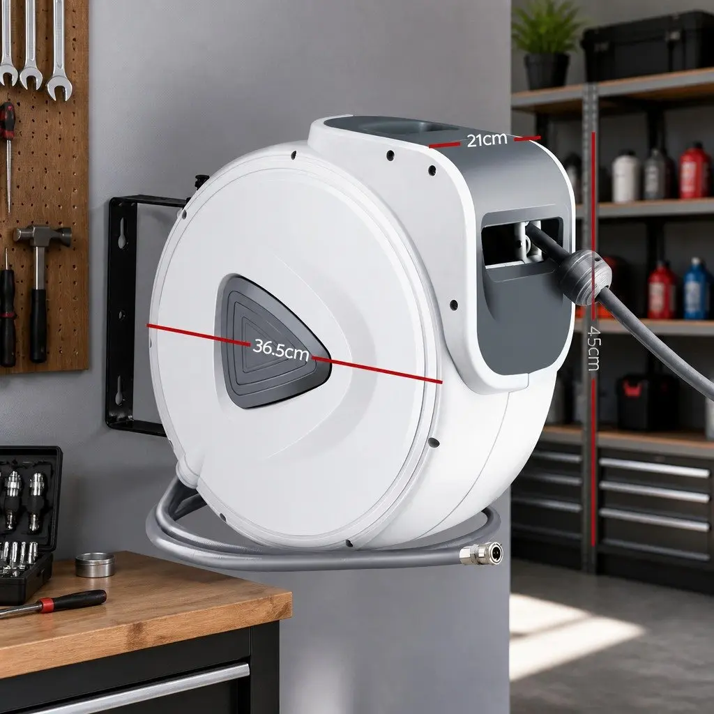 Air Hose Reel 20m Retractable Auto Rewind Wall Mount Grey White