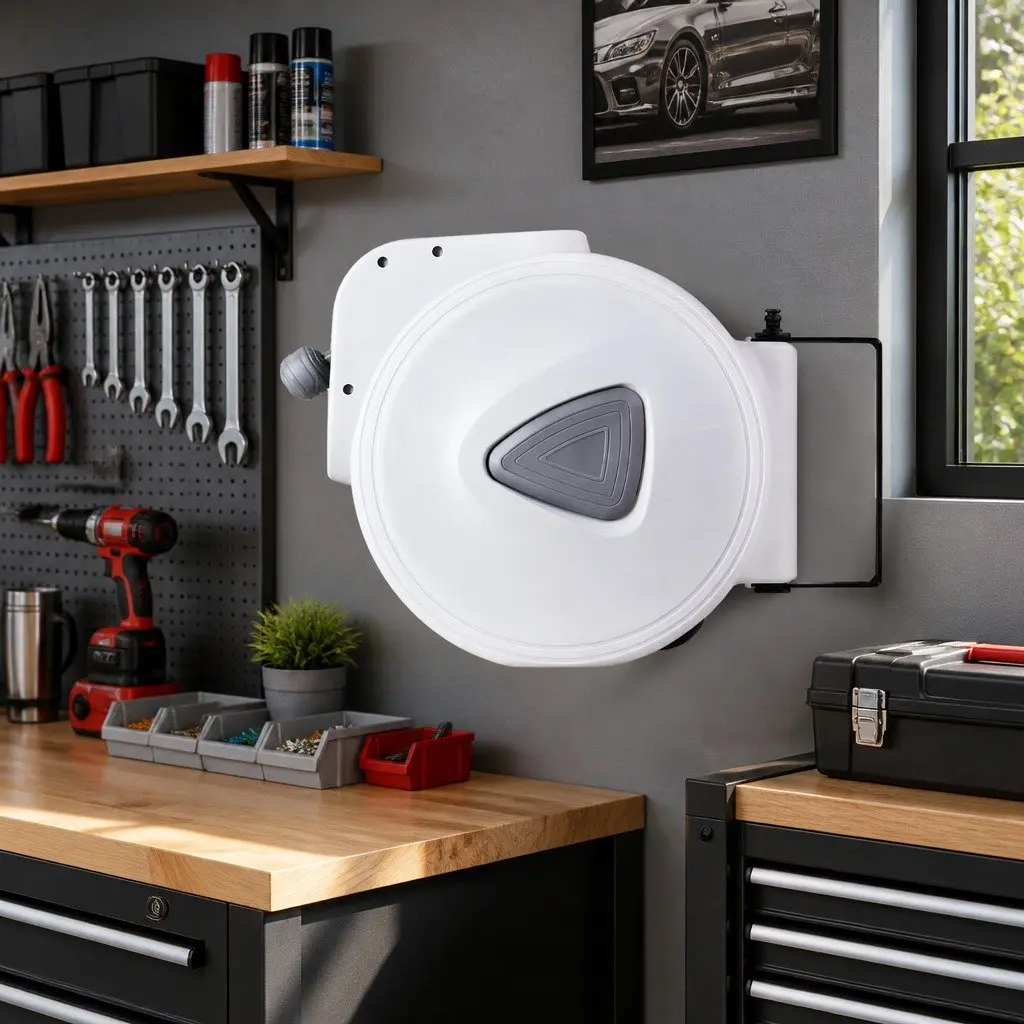 Air Hose Reel 20m Retractable Auto Rewind Wall Mount Grey White
