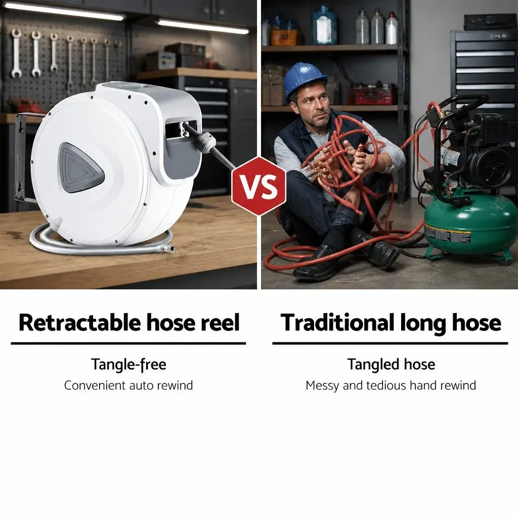 Air Hose Reel 20m Retractable Auto Rewind Wall Mount Grey White