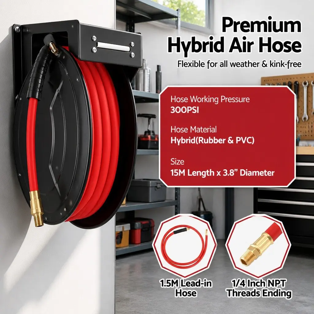 Air Hose Reel Retractable 3/8" x 15m Black Red