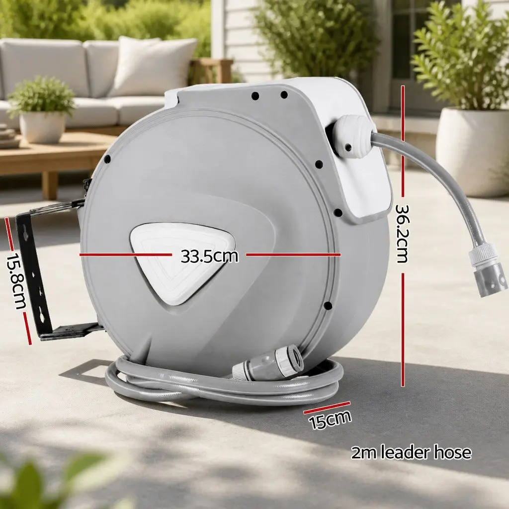 Water Hose Reel 20M Retractable Auto Rewind Grey Wall Mount Garden Watering