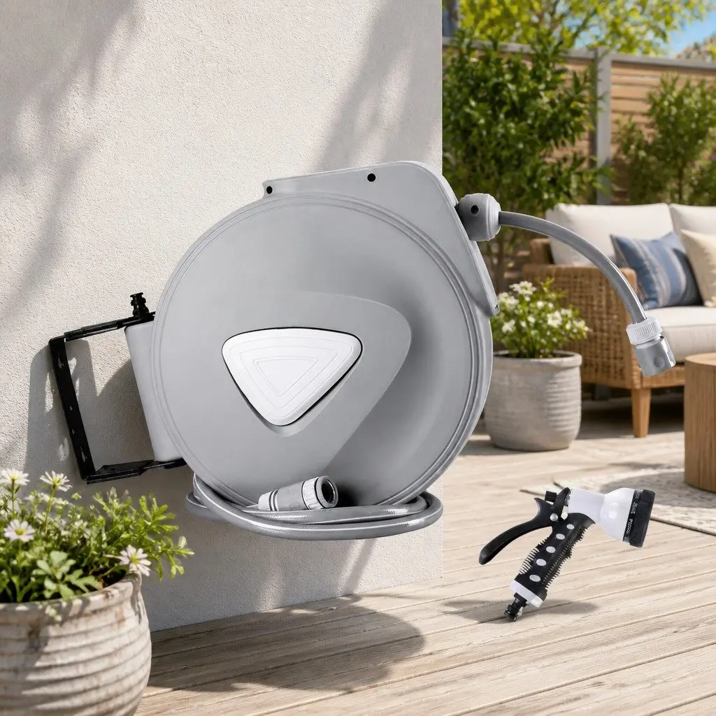 Water Hose Reel 20M Retractable Auto Rewind Grey Wall Mount Garden Watering
