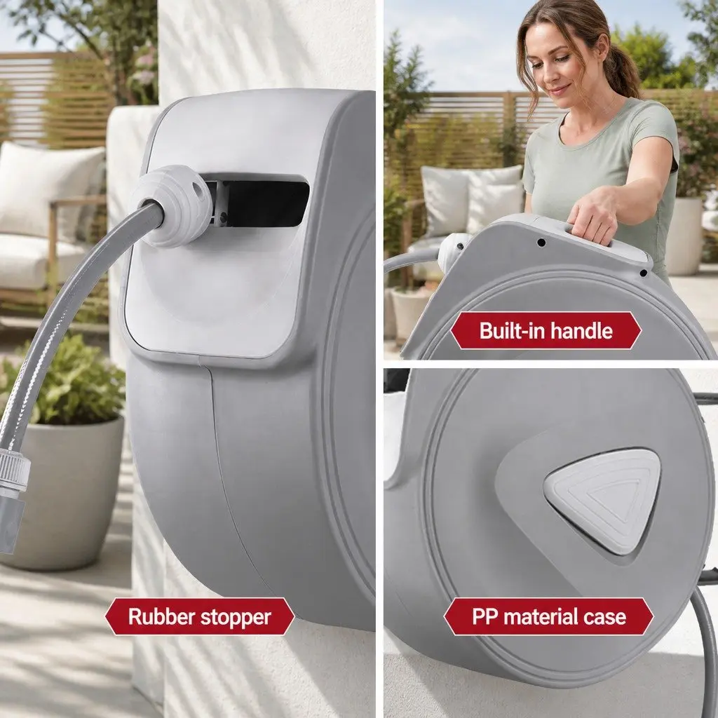 Water Hose Reel 20M Retractable Auto Rewind Grey Wall Mount Garden Watering