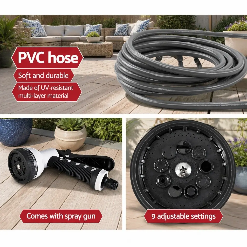 Water Hose Reel 20M Retractable Auto Rewind Grey Wall Mount Garden Watering