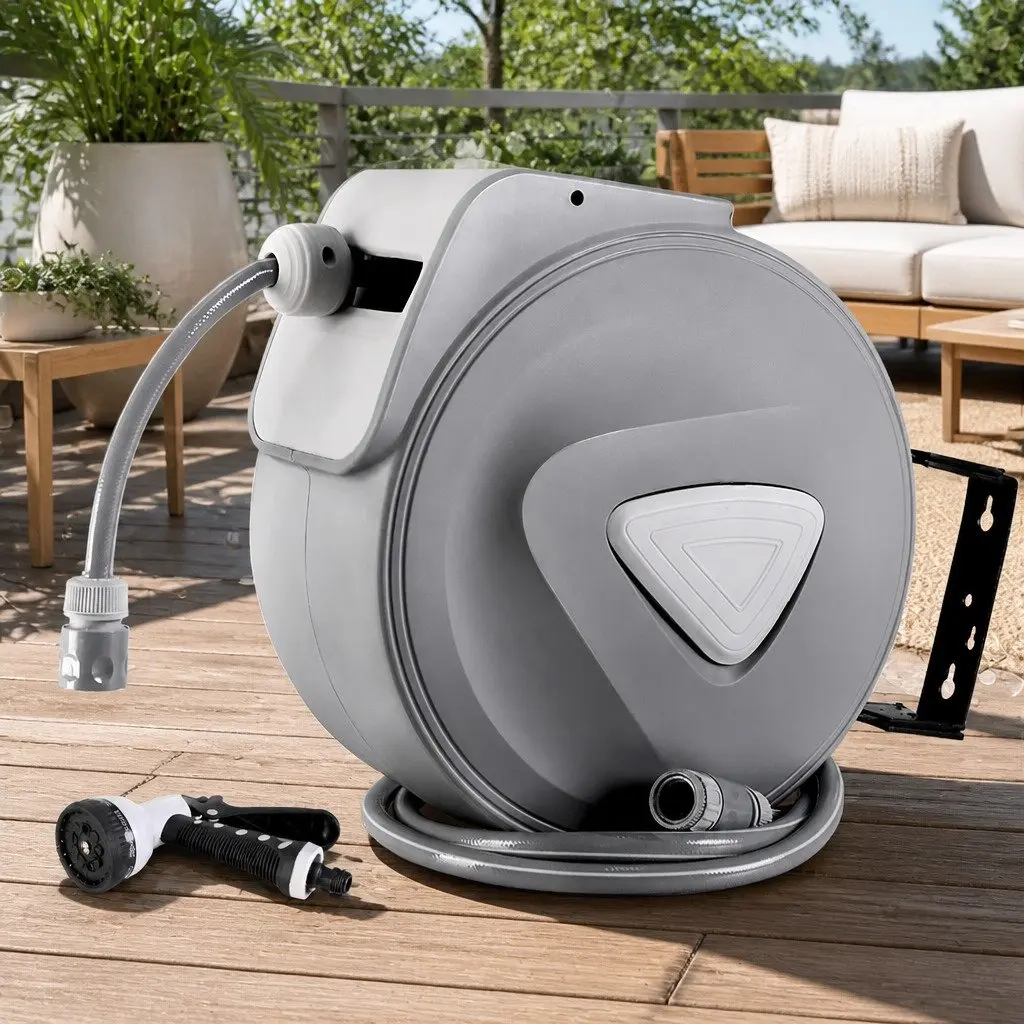 Water Hose Reel 20M Retractable Auto Rewind Grey Wall Mount Garden Watering