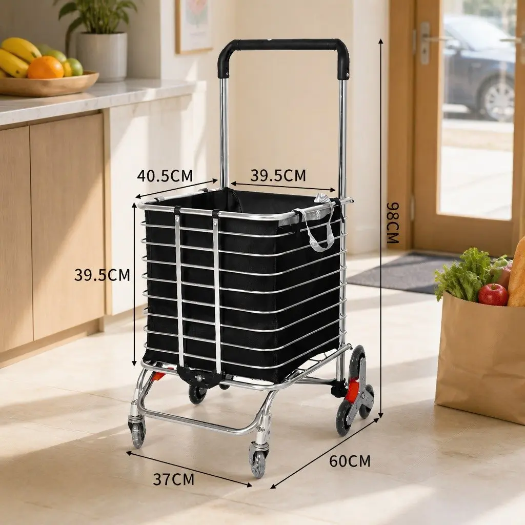 Foldable Shopping Cart Trolley Stair Climbing Wheels 60cm Black Silver