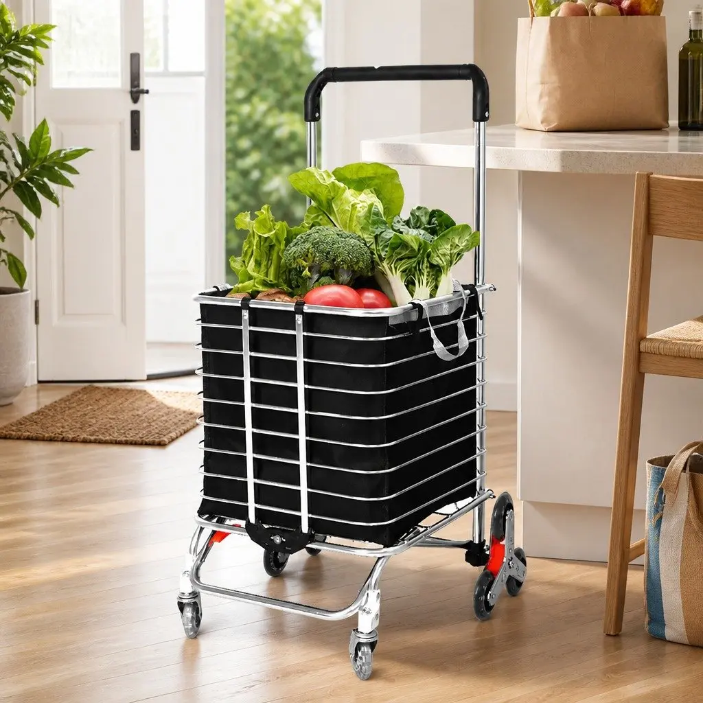 Foldable Shopping Cart Trolley Stair Climbing Wheels 60cm Black Silver