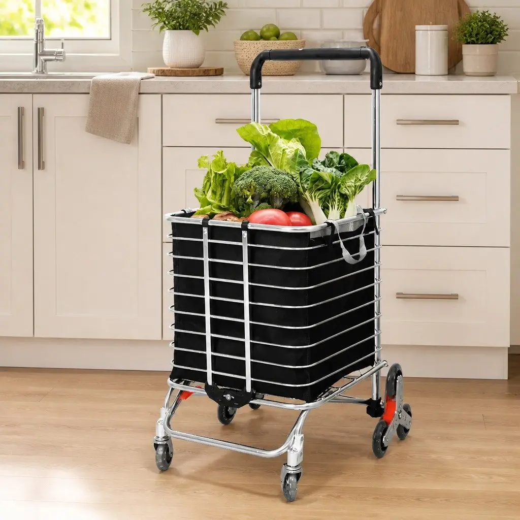 Foldable Shopping Cart Trolley Stair Climbing Wheels 60cm Black Silver