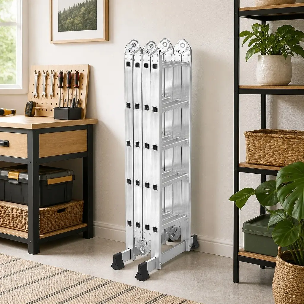 Folding Aluminium Ladder Heavy-Duty Multi-Use Silver 5.7m Home Garage