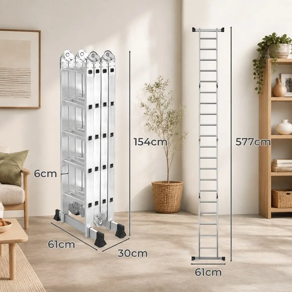 Folding Aluminium Ladder Heavy-Duty Multi-Use Silver 5.7m Home Garage