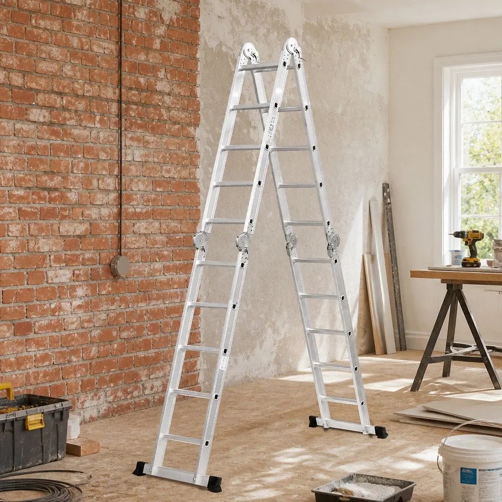 Folding Aluminium Ladder Heavy-Duty Multi-Use Silver 5.7m Home Garage