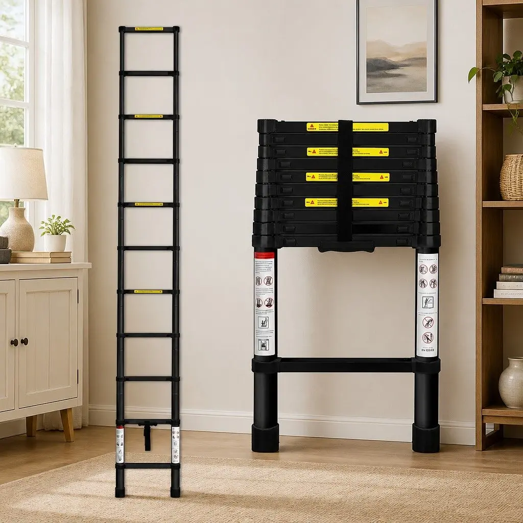 Telescopic Ladder 3.2M Aluminium Extendable Portable Multi-Purpose Black