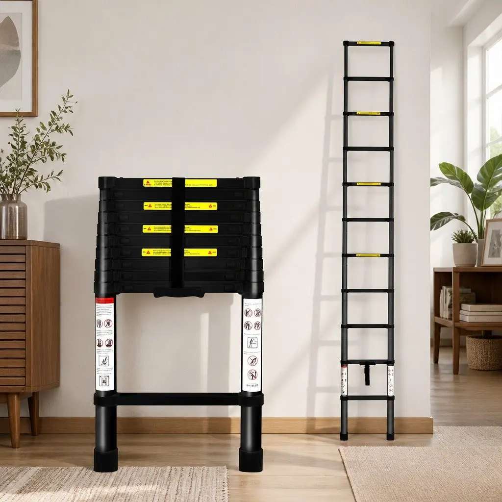 Telescopic Ladder 3.2M Aluminium Extendable Portable Multi-Purpose Black