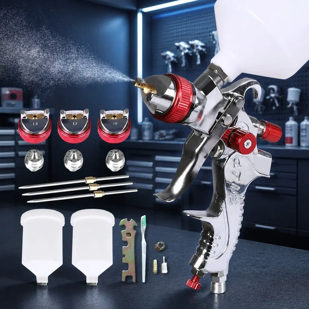 HVLP Spray Gun Kit Professional Paint Sprayer Adjustable Fluid Pattern 600ml Red