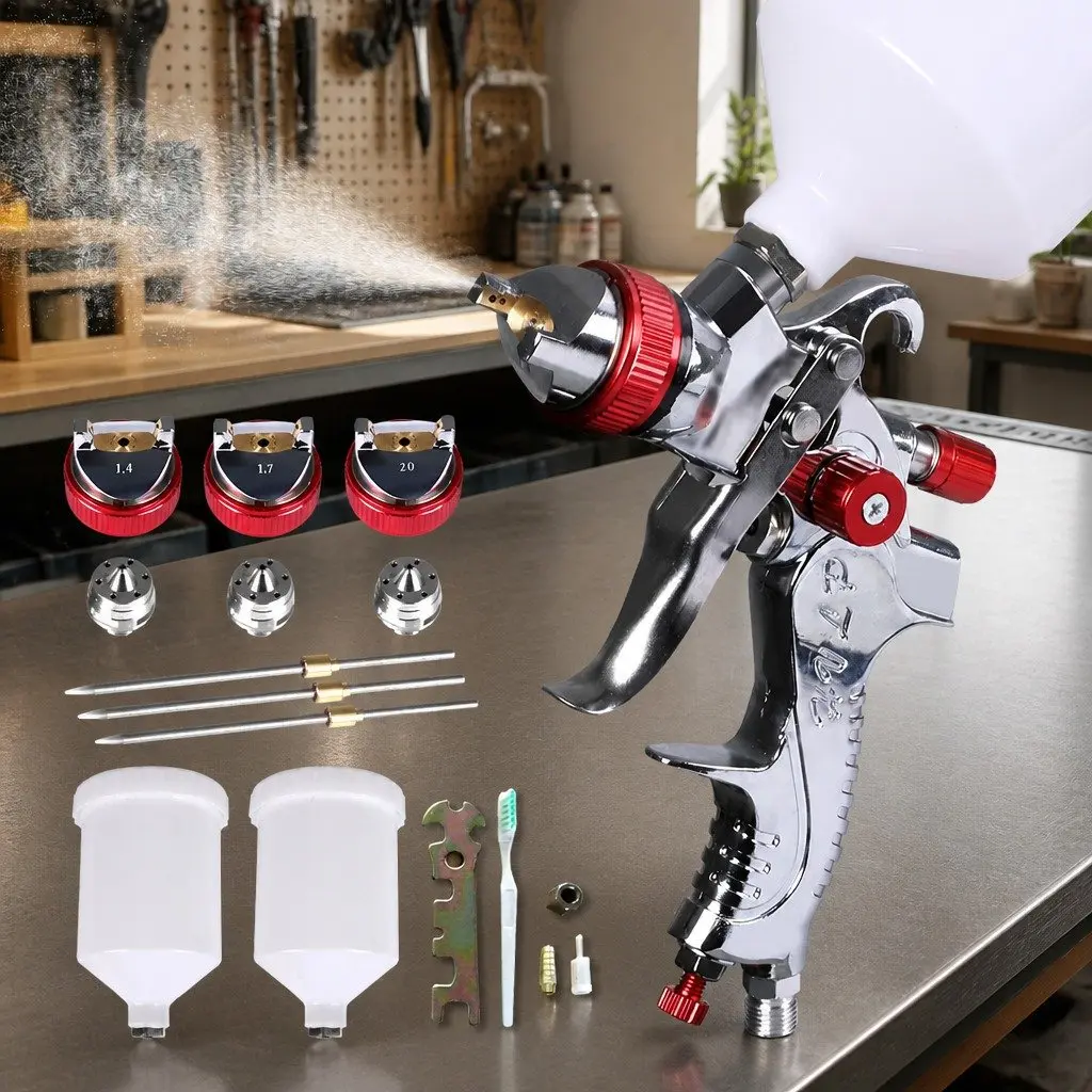 HVLP Spray Gun Kit Professional Paint Sprayer Adjustable Fluid Pattern 600ml Red