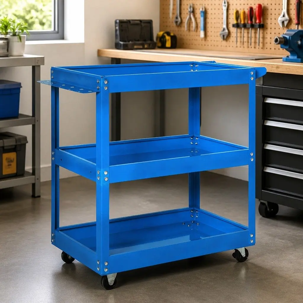 Tool Cart Trolley Blue with Storage Trays 3 Tier Castor Wheels