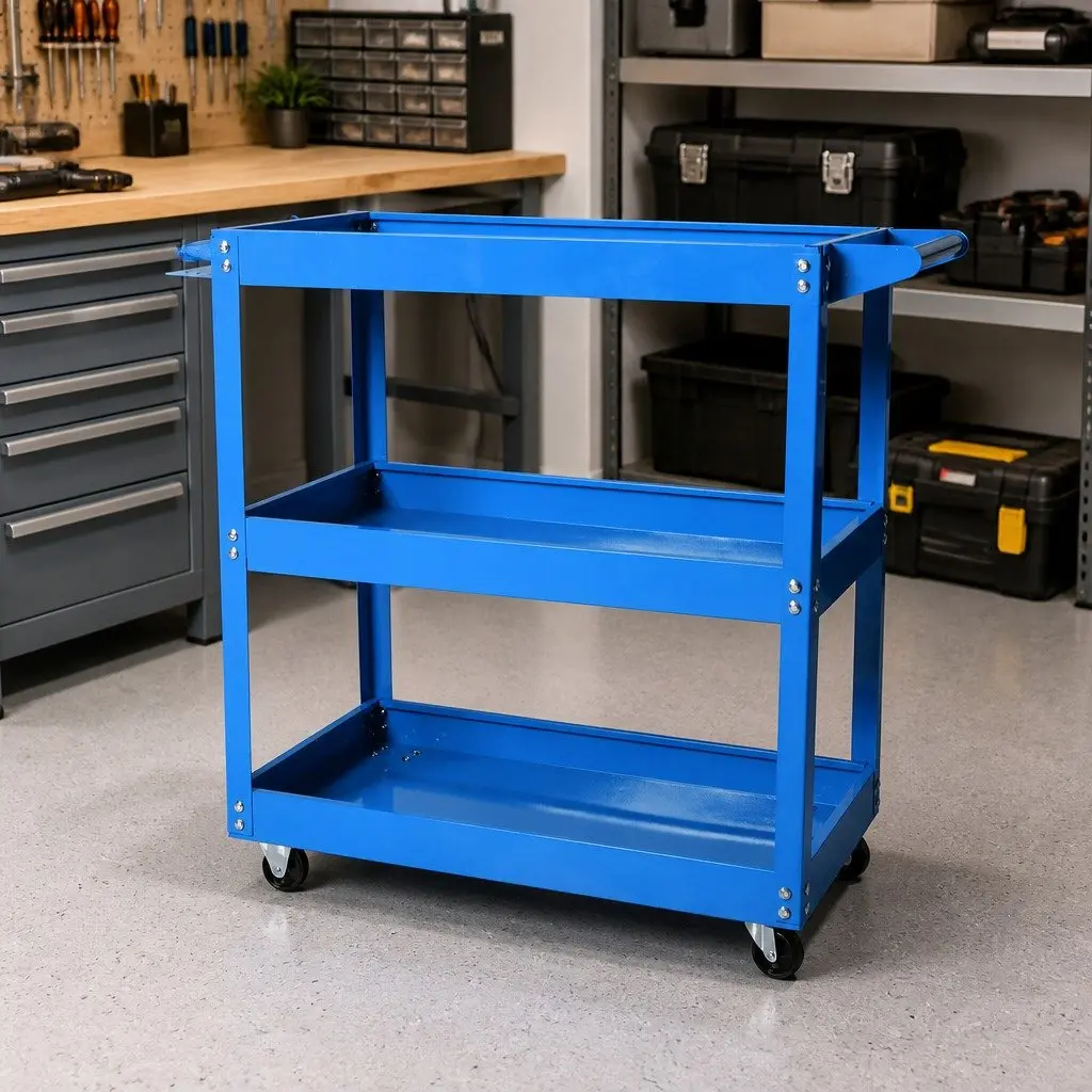 Tool Cart Trolley Blue with Storage Trays 3 Tier Castor Wheels