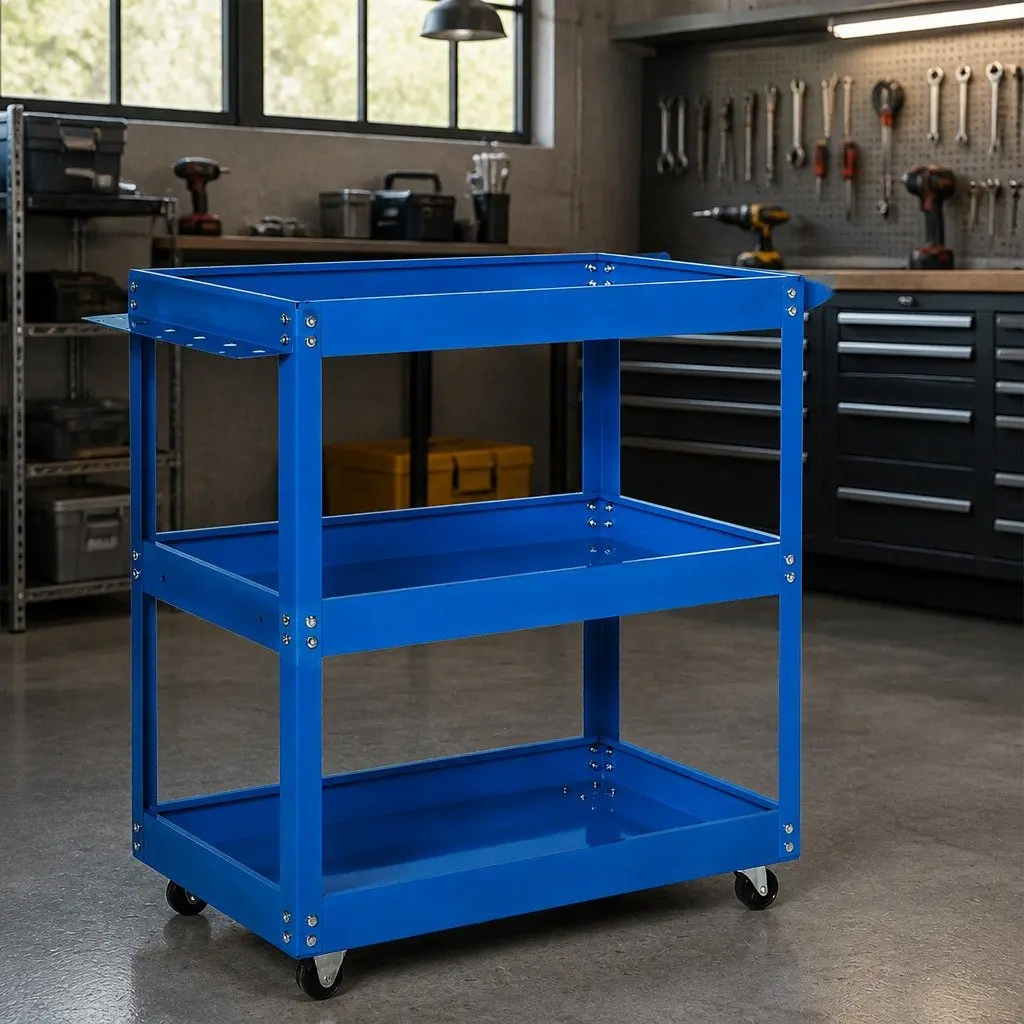 Tool Cart Trolley Blue with Storage Trays 3 Tier Castor Wheels
