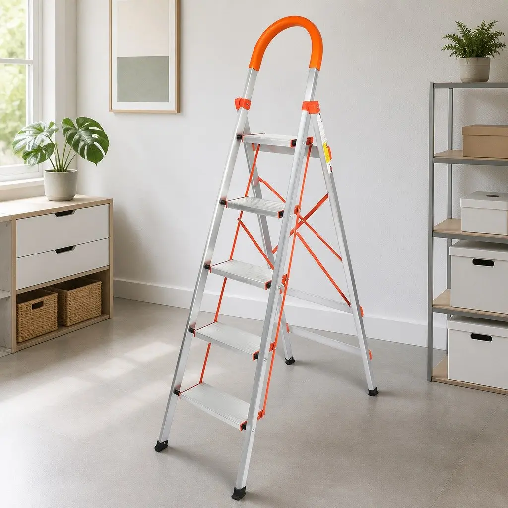 5 Step Folding Ladder Aluminium Non-Slip Grooved Steps Silver