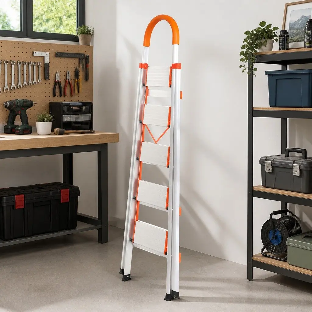 5 Step Folding Ladder Aluminium Non-Slip Grooved Steps Silver