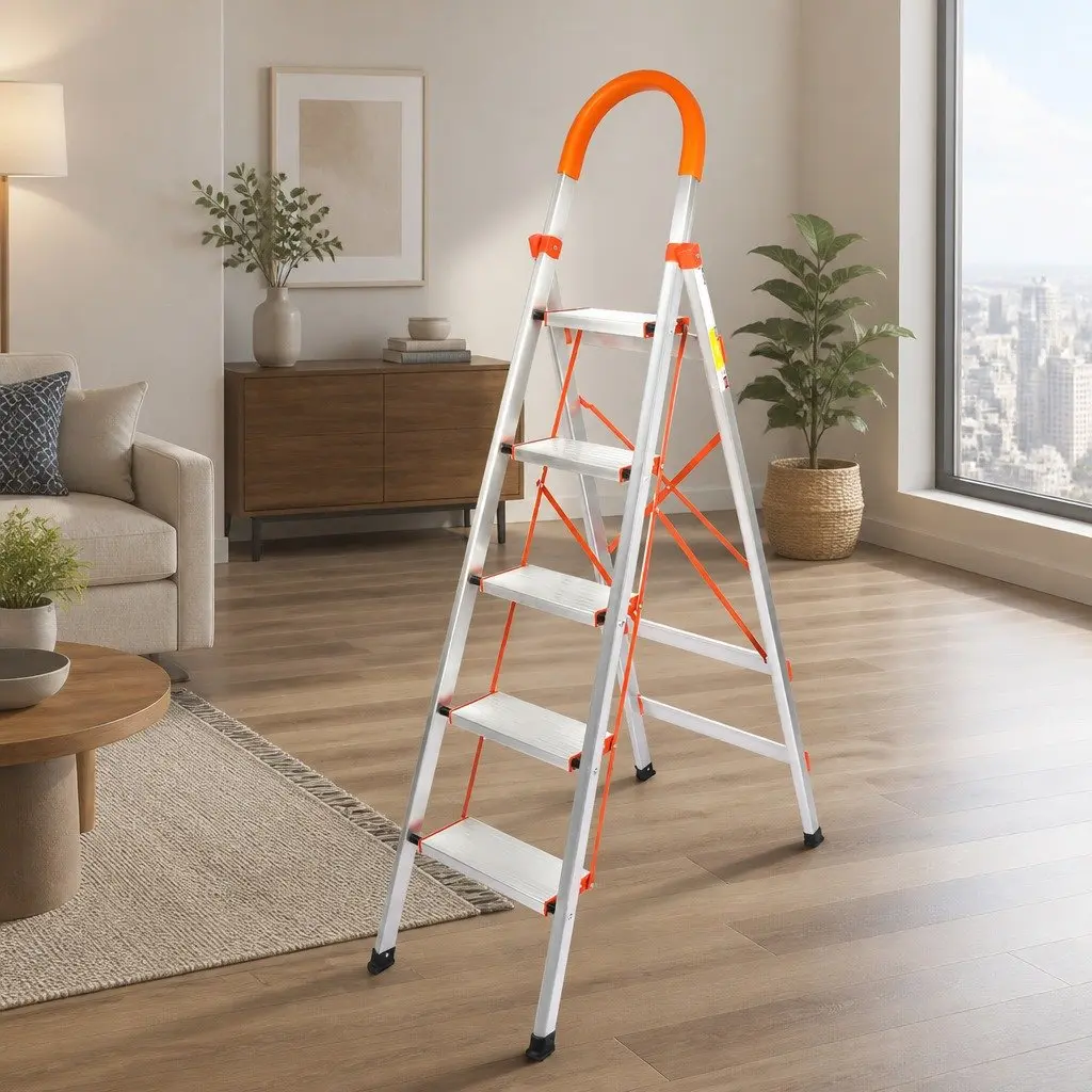 5 Step Folding Ladder Aluminium Non-Slip Grooved Steps Silver