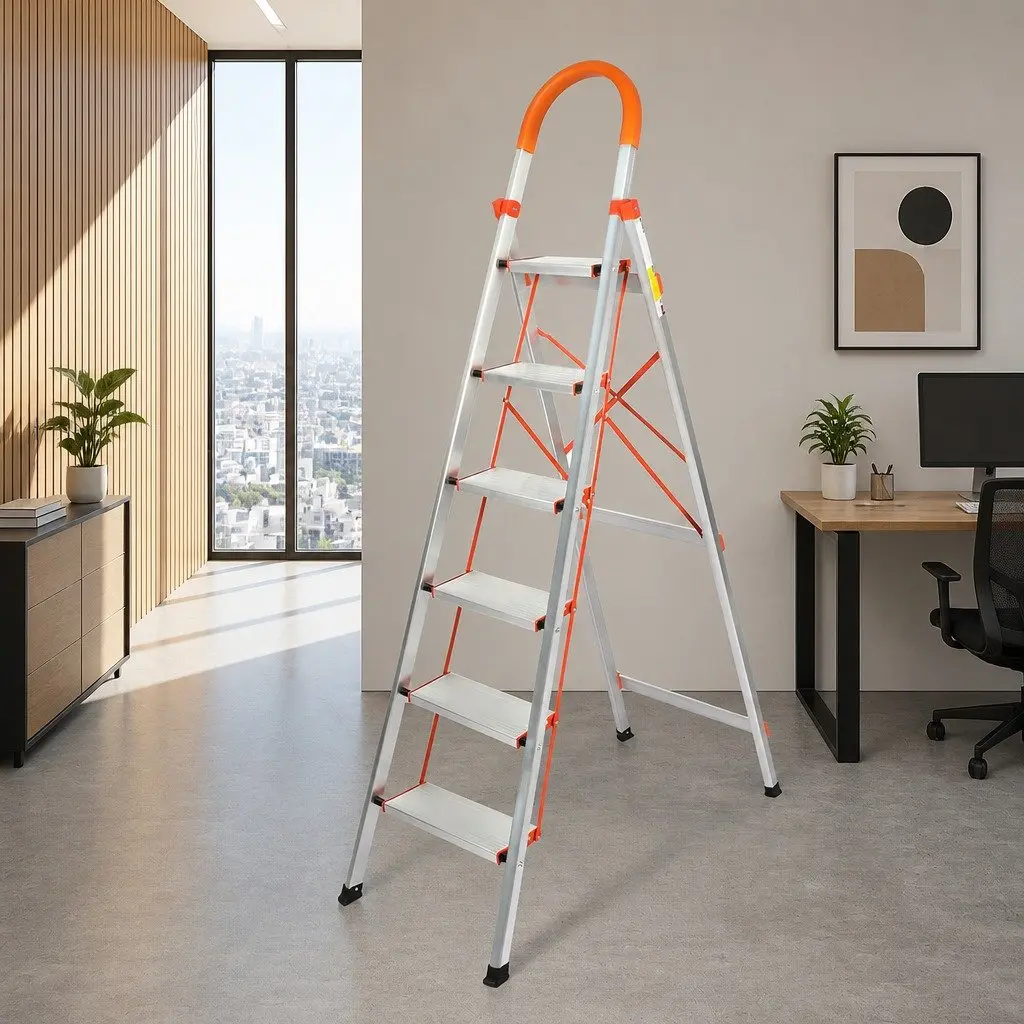 Aluminium Folding Step Ladder Single-Sided 6 Step Portable Silver for Home Garage Workshop