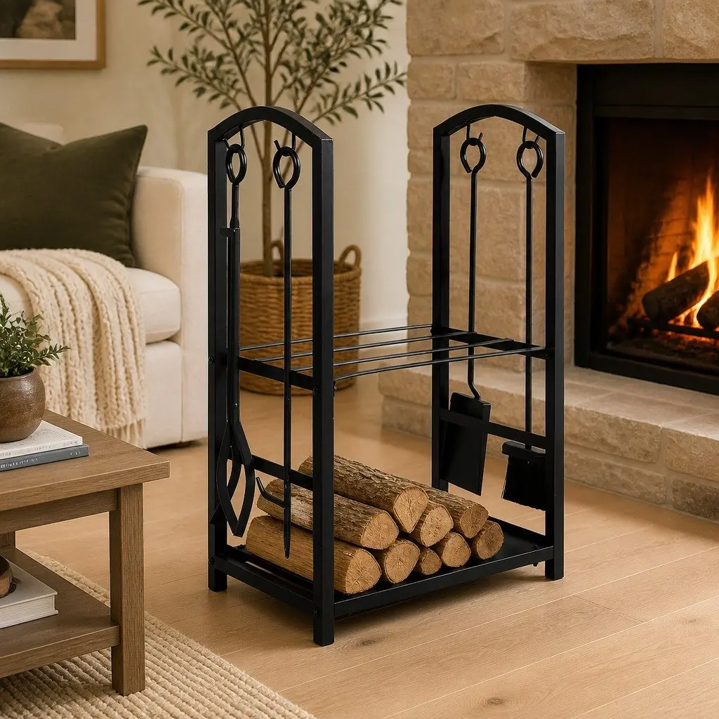 Firewood Rack 5-in-1 Storage Organizer Indoor Outdoor 2-Tier Heavy-Duty Steel Black