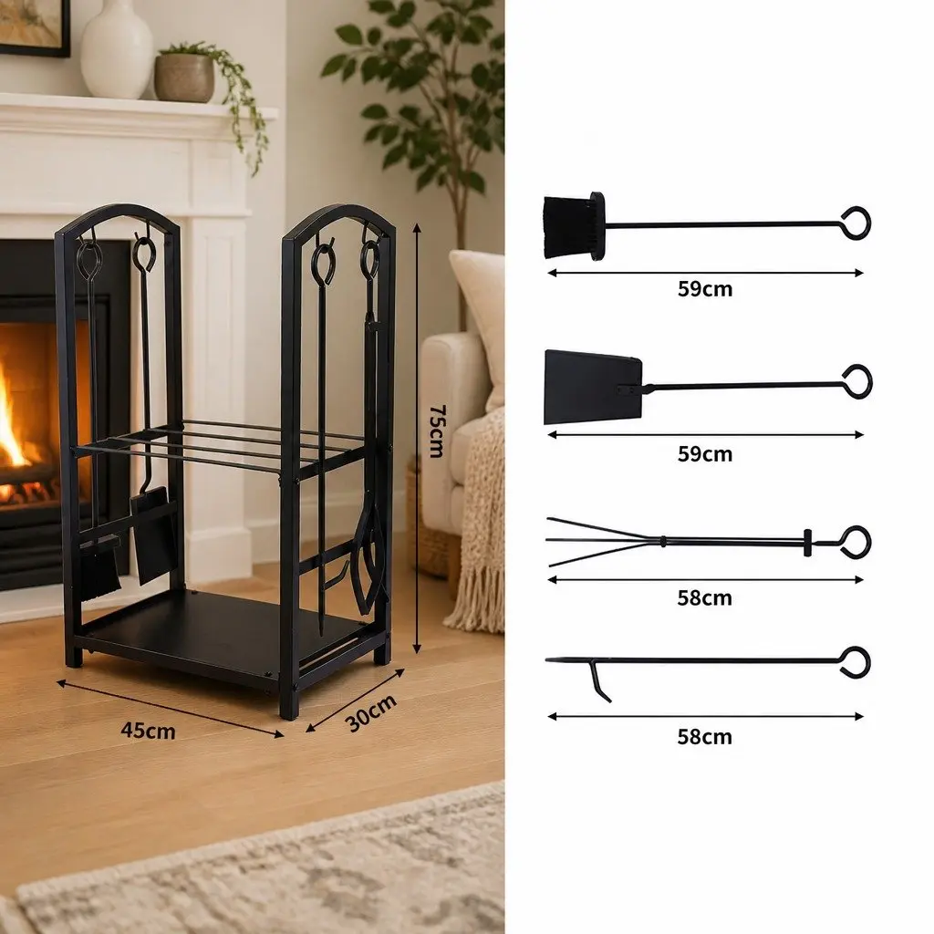 Firewood Rack 5-in-1 Storage Organizer Indoor Outdoor 2-Tier Heavy-Duty Steel Black