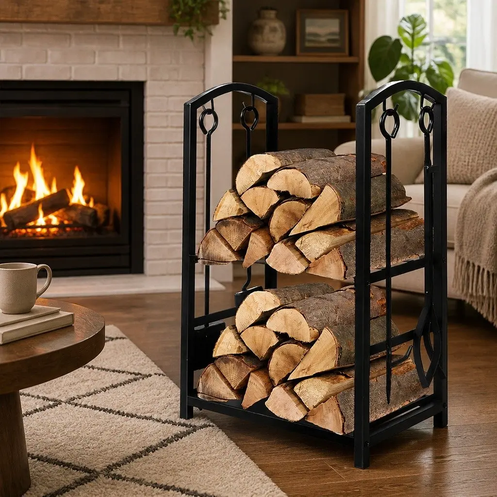 Firewood Rack 5-in-1 Storage Organizer Indoor Outdoor 2-Tier Heavy-Duty Steel Black