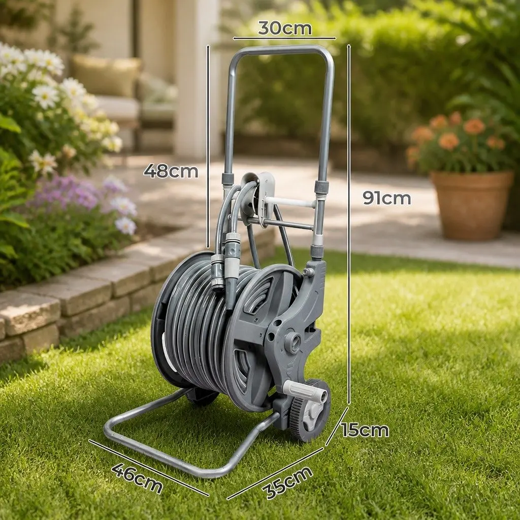 Portable Garden Hose Reel 1/2" 45M Retractable Grey Holder Outdoor Watering Cleaning