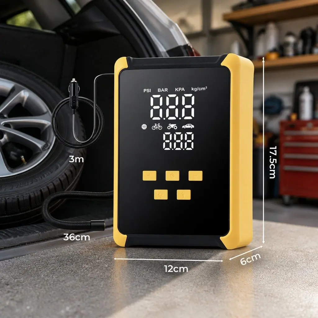 12V Portable Tire Inflator Car Bicycle Motorcycle Air Compressor 150PSI Yellow and Black