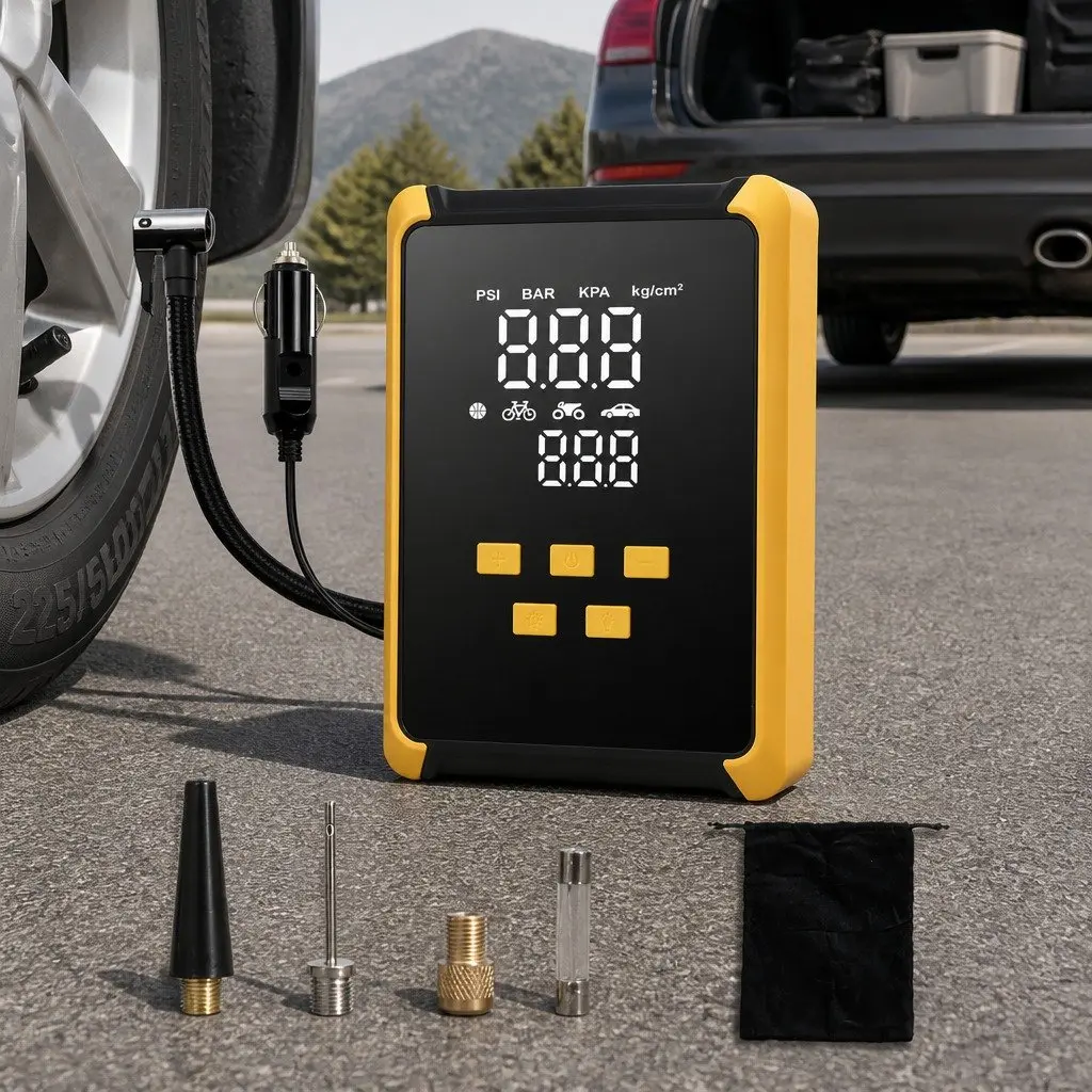 12V Portable Tire Inflator Car Bicycle Motorcycle Air Compressor 150PSI Yellow and Black