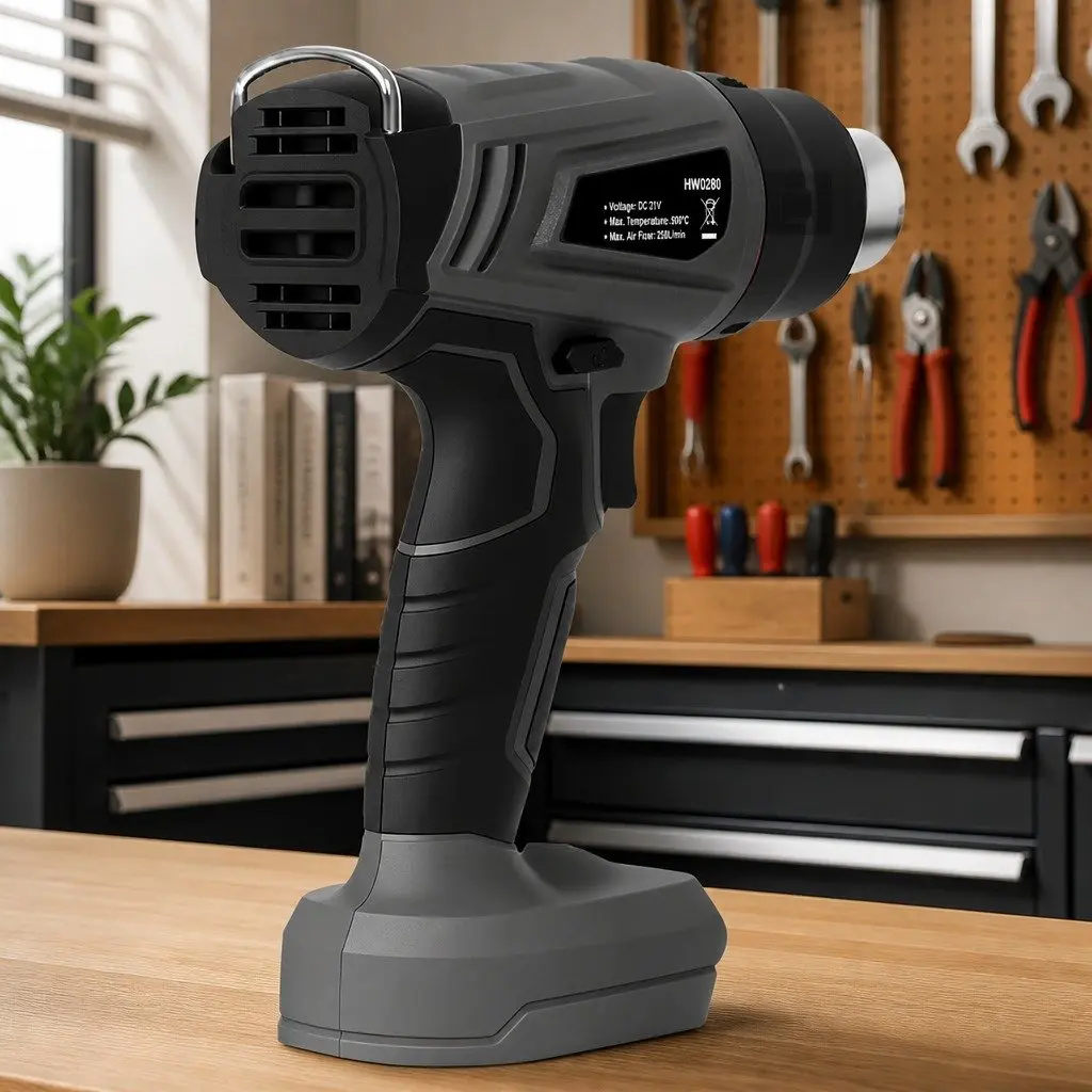 Cordless Heat Gun 21V 500°C Turbo Air Flow Grey Black 5 Nozzle Attachments for Shrink Wrapping Soldering Paint Stripping
