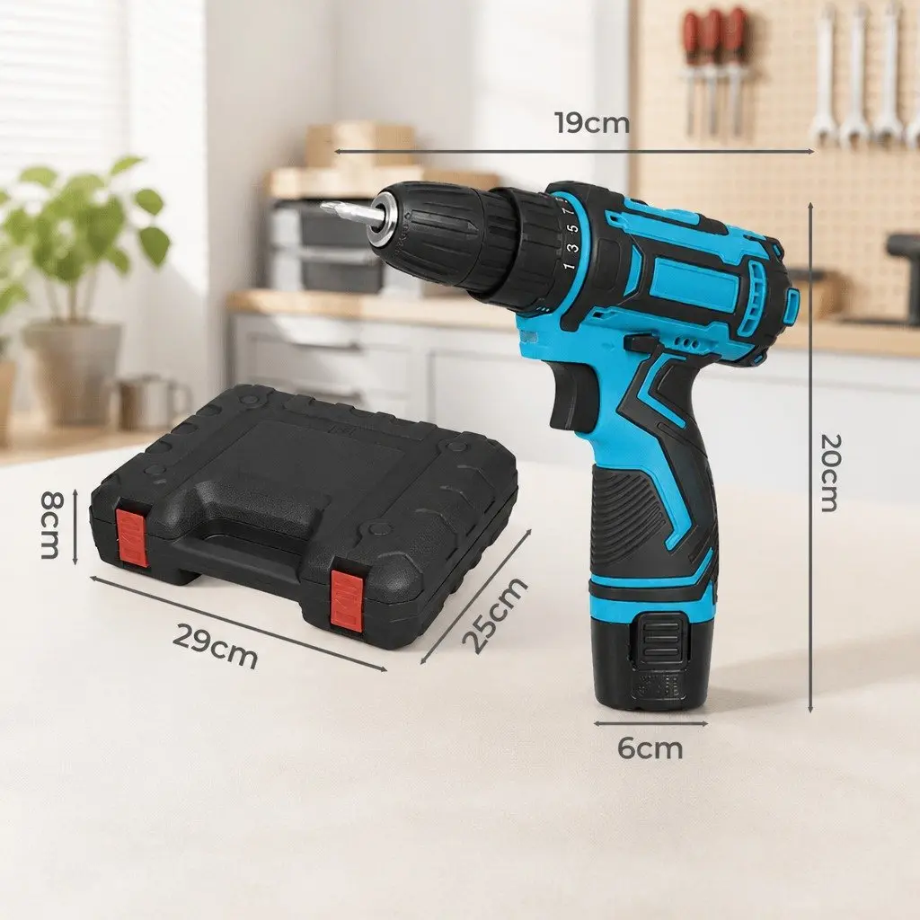 12V Cordless Drill Driver Kit DIY Home 74 Piece Accessories Blue