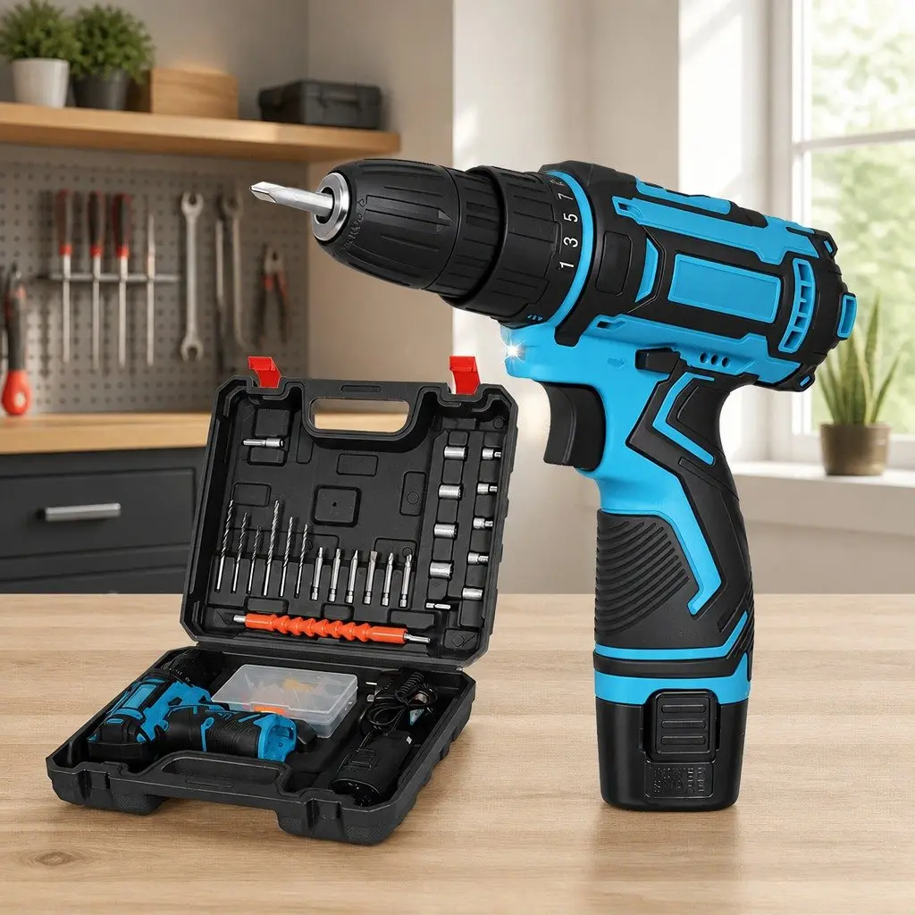 12V Cordless Drill Driver Kit DIY Home 74 Piece Accessories Blue