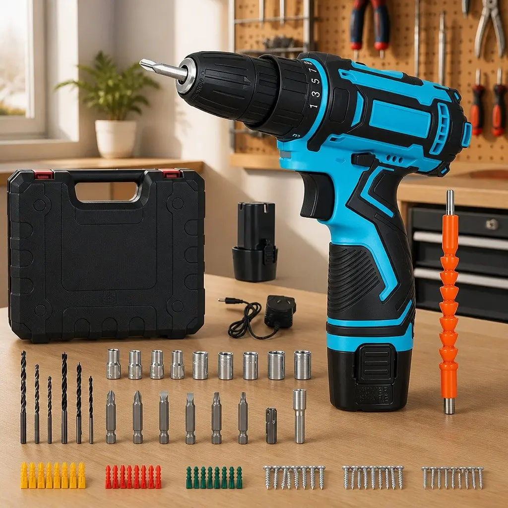 12V Cordless Drill Driver Kit DIY Home 74 Piece Accessories Blue