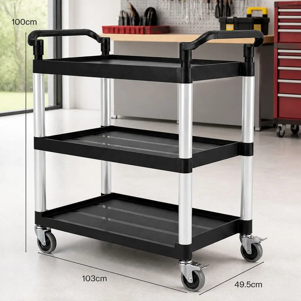 Tool Trolley Cart 3 Tier Rolling Storage Organiser Black
