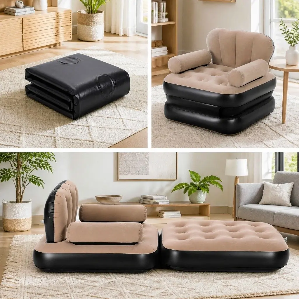 Convertible Inflatable Daybed Chair Camping Sofa Soft Flocked Top Coffee